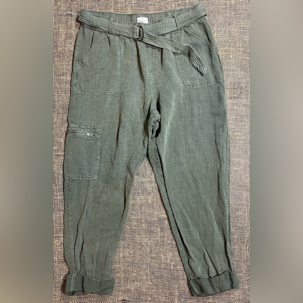 Linen Lyocell Pants Nicole Miller Size Large Olive Green Cargo With Belt